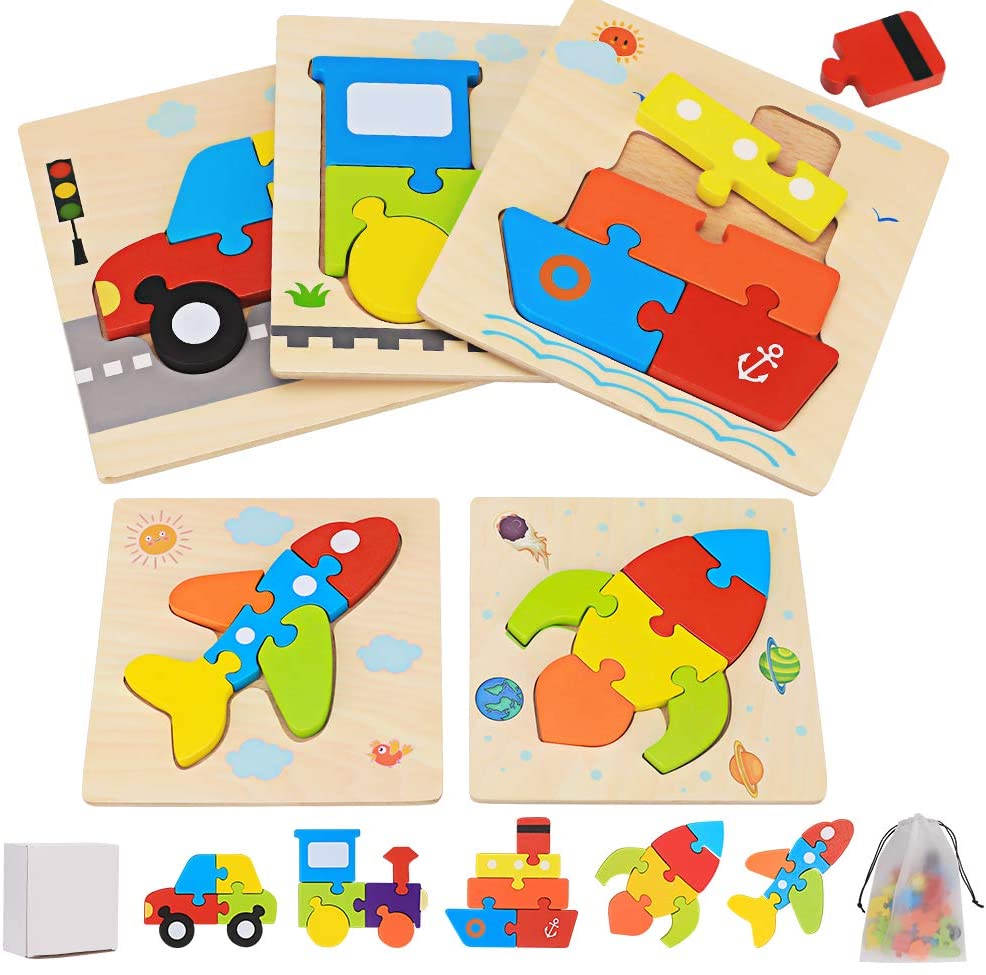 Annie’s Fashion Montessori Wooden Vehicle Puzzles – Set of 5 for Toddlers