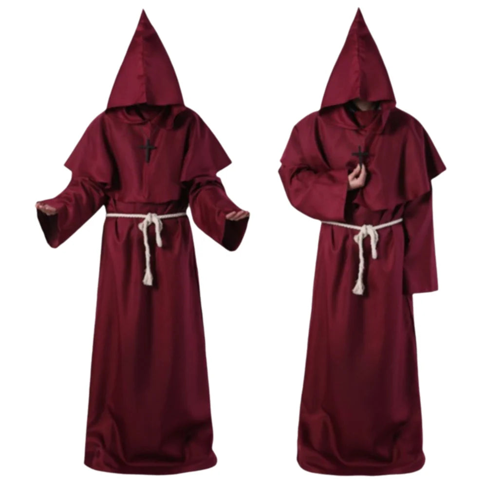 Medieval Monk Robe Costume with Hood and Waist Rope, Unisex Adult