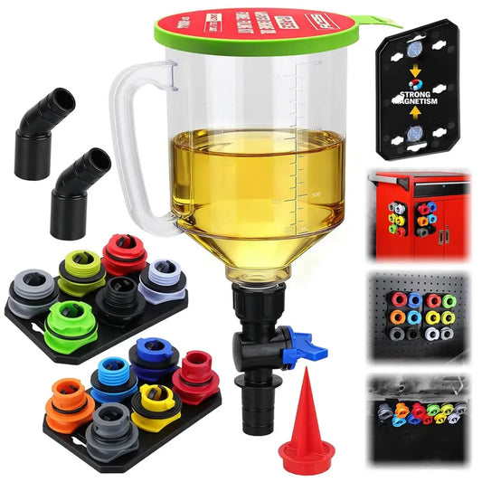 Multi-Vehicle Oil Funnel Adapter Set with Color Coding and Magnetic Storage Trays