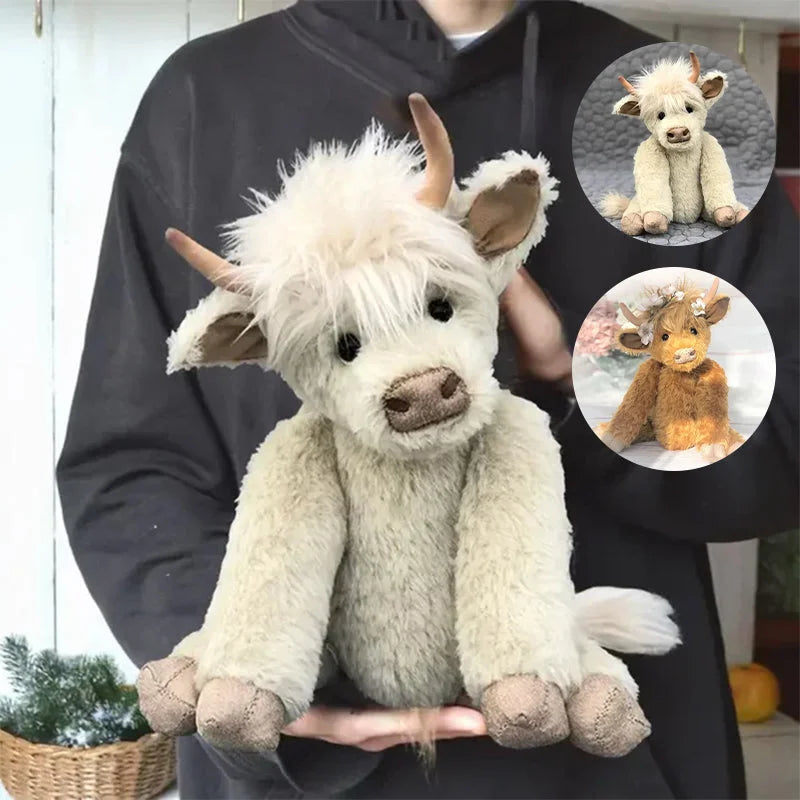 Handcrafted Highland Cow Plush with Flowers on Its Head and Posable Limbs in White Or Brown