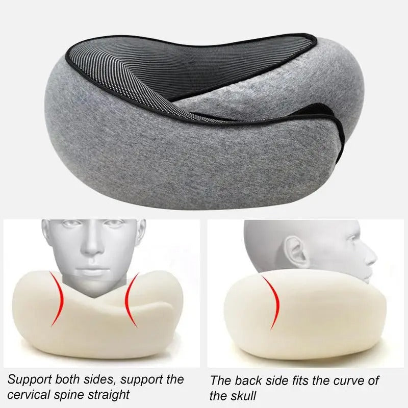 Memory Foam Neck Pillow with Adjustable Strap and Removable Cotton Cover, Includes Carry Bag
