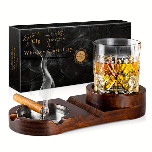 Wooden Cigar Ashtray | Crystal Whiskey Glass Tray Set