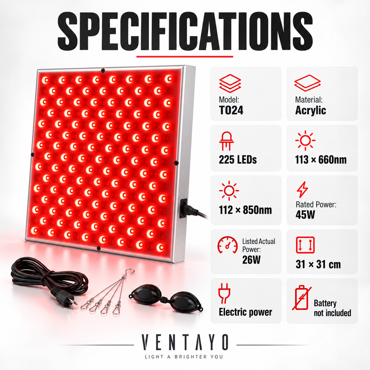 Red & Near-Infrared Light Panel, 225 LEDs