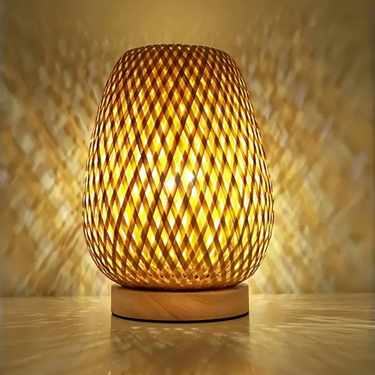 Bedside Lamp Hand-Woven Bamboo Touch Dimming USB-C Rechargeable