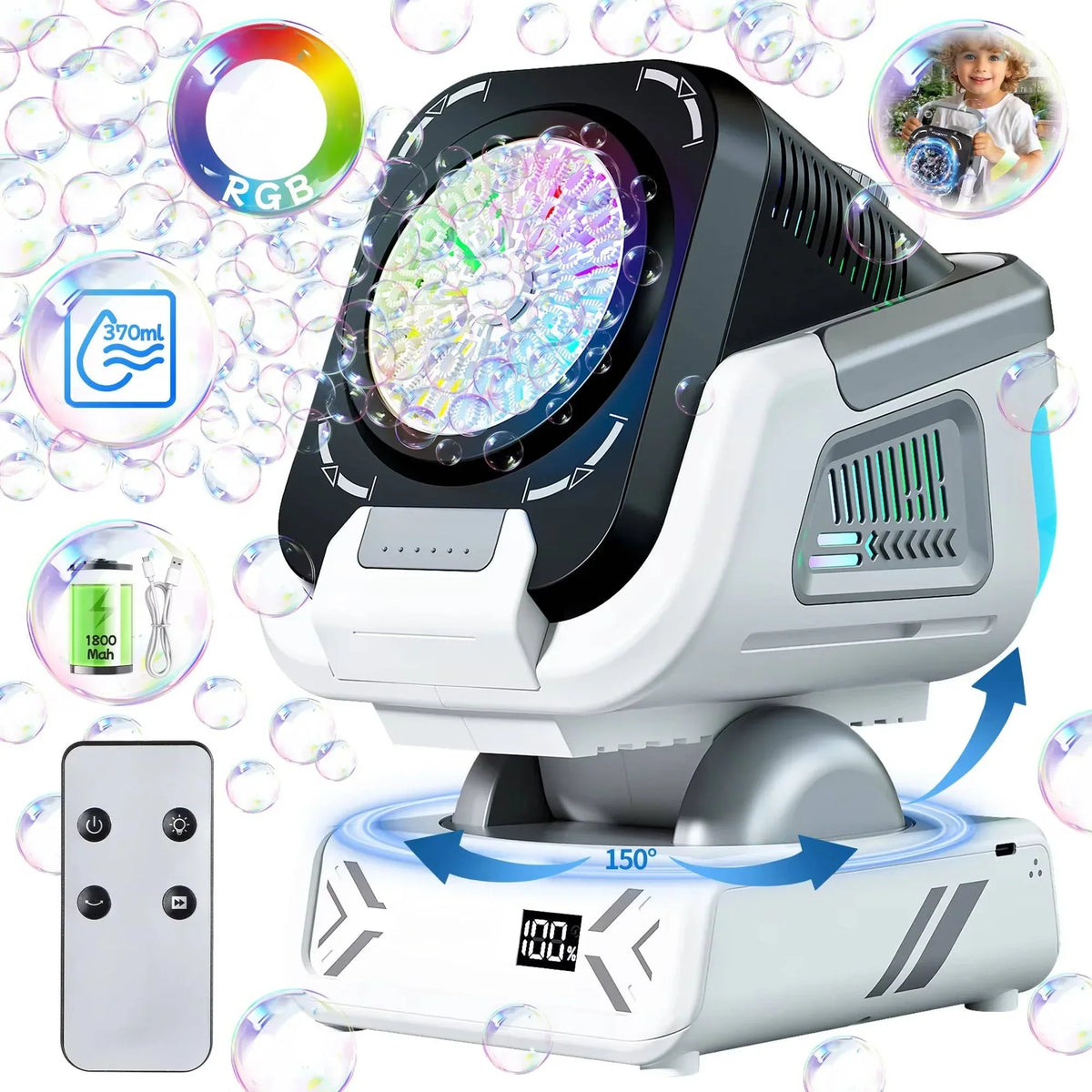 Bubble Machine Auto-Rotating USB Rechargeable RGB Lights