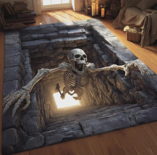 Skeleton Trap Halloween Rug with 3D Hole Illusion, Gothic Floor Mat