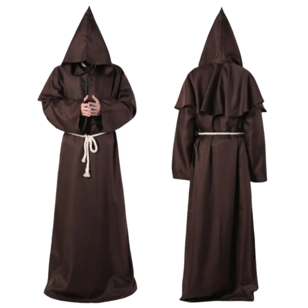 Medieval Monk Robe Costume with Hood and Waist Rope, Unisex Adult