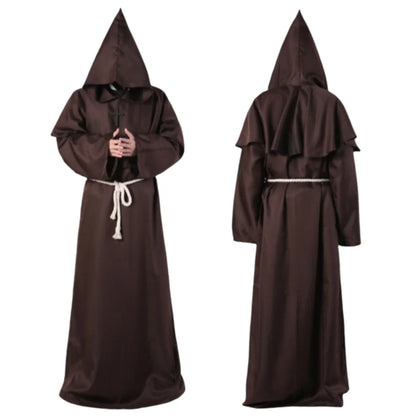 Medieval Monk Robe Costume with Hood and Waist Rope, Unisex Adult