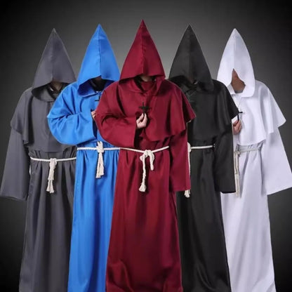 Medieval Monk Robe Costume with Hood and Waist Rope, Unisex Adult