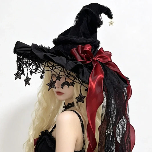 Velvet Witch Hat with Lace Trim and Moon Pendant, Halloween Costume