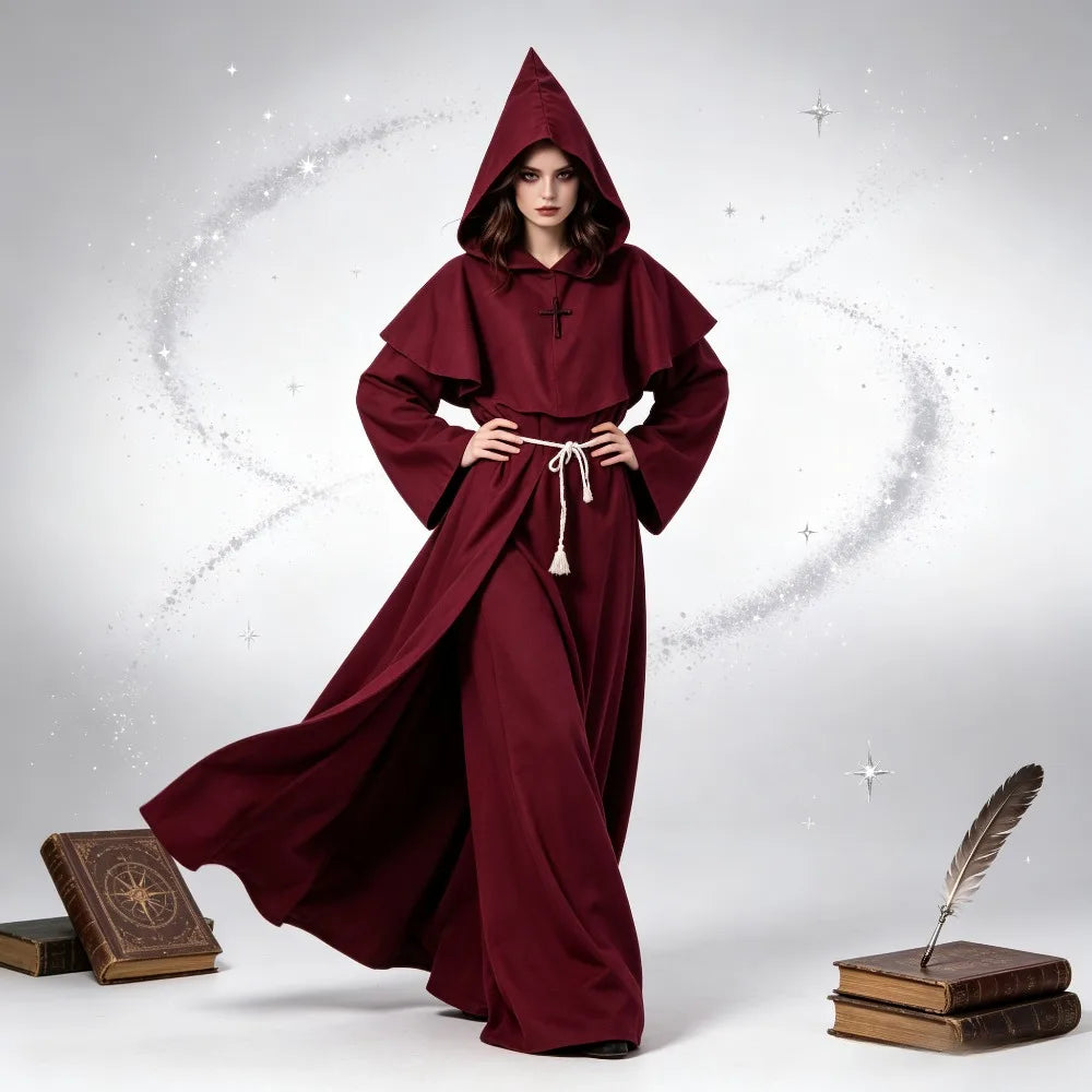 Hooded Monk Friar Robe Costume with Rope Belt, Unisex Adult