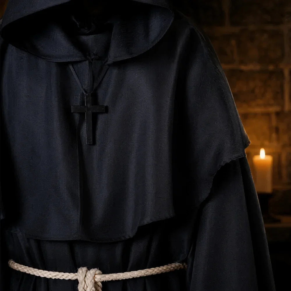 Medieval Monk Robe Costume with Hood and Waist Rope, Unisex Adult
