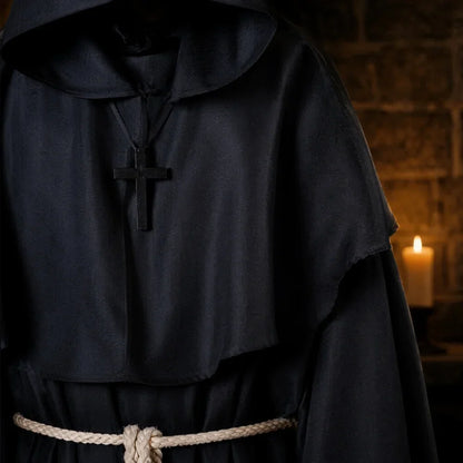 Medieval Monk Robe Costume with Hood and Waist Rope, Unisex Adult