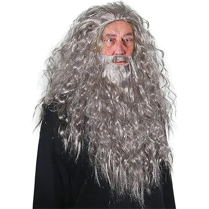Brown Fluffy Small Roll Synthetic Wig Adult Wizard Cosplay Synthetic Wig with Beard Anime Party Festival Accessory