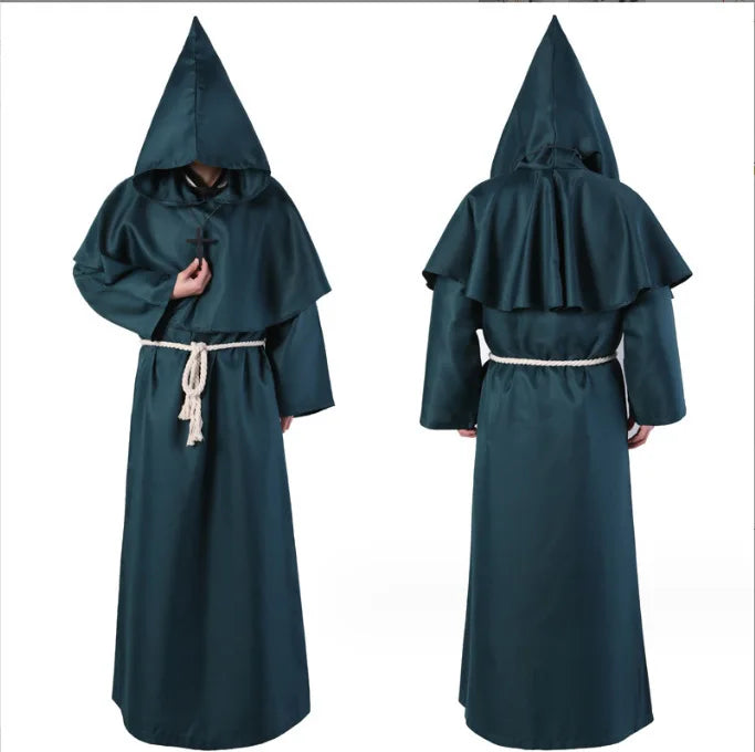 Hooded Monk Friar Robe Costume with Rope Belt, Unisex Adult