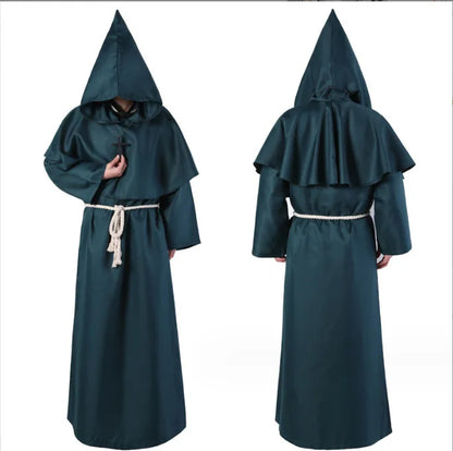 Hooded Monk Friar Robe Costume with Rope Belt, Unisex Adult