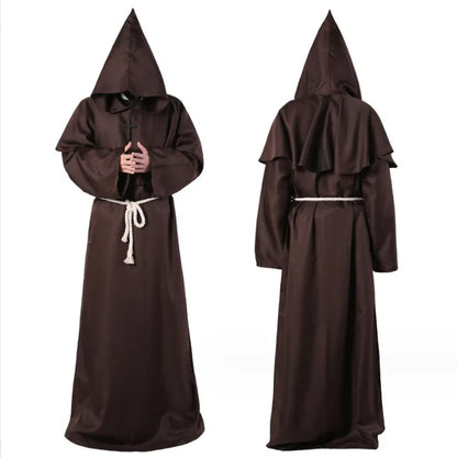 Hooded Monk Friar Robe Costume with Rope Belt, Unisex Adult