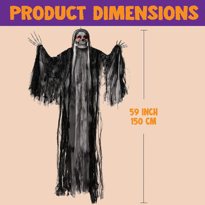 59 Inch Animated Hanging Grim Reaper Halloween Prop with Red Eyes
