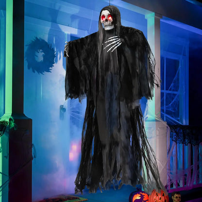 59 Inch Animated Hanging Grim Reaper Halloween Prop with Red Eyes
