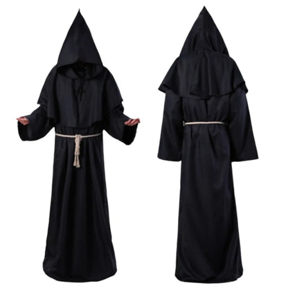 Medieval Monk Robe Costume with Hood and Waist Rope, Unisex Adult