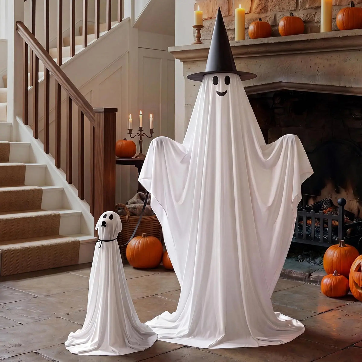 55 Inch Halloween Ghost and Ghost Dog Set with Warm LED Lights
