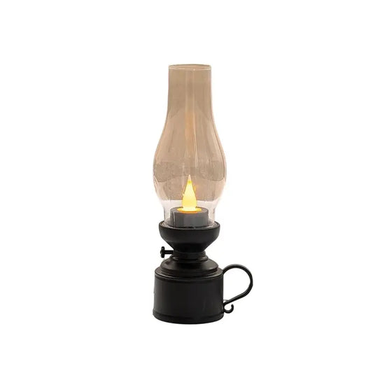 Vintage Oil-Lamp Style Lantern with Flame-Effect LED Candle, Battery-Operated Decorative Table Light, Black