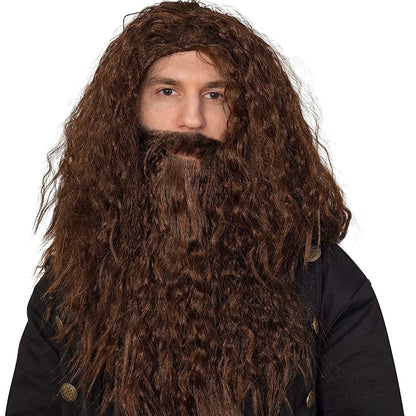 Brown Fluffy Small Roll Synthetic Wig Adult Wizard Cosplay Synthetic Wig with Beard Anime Party Festival Accessory