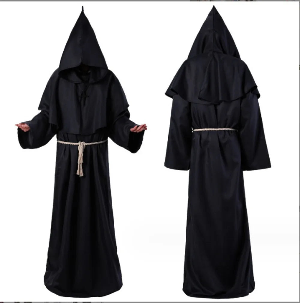 Hooded Monk Friar Robe Costume with Rope Belt, Unisex Adult