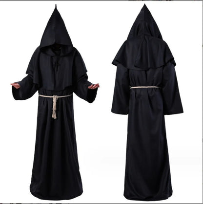 Hooded Monk Friar Robe Costume with Rope Belt, Unisex Adult