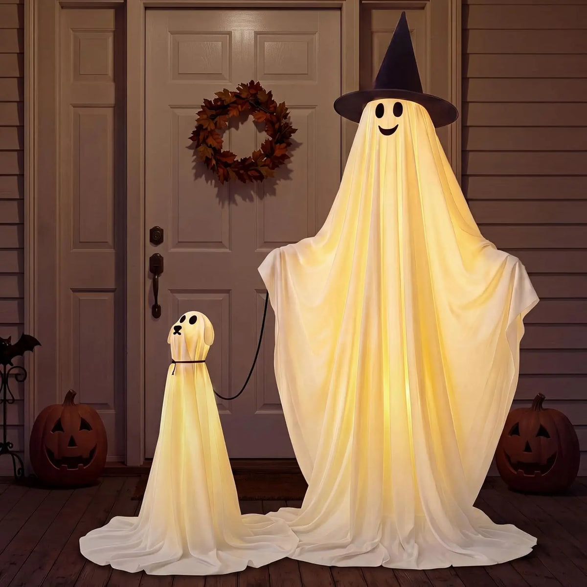 55 Inch Halloween Ghost and Ghost Dog Set with Warm LED Lights