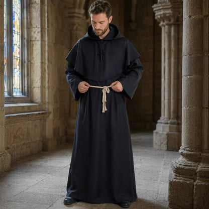 Medieval Monk Robe Costume with Hood and Waist Rope, Unisex Adult