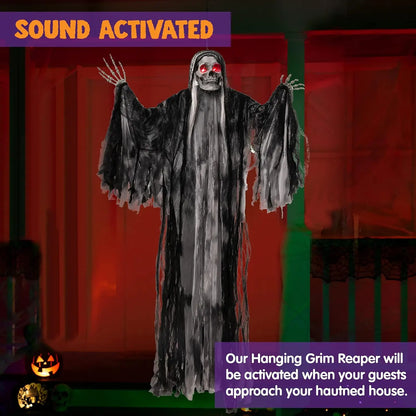 59 Inch Animated Hanging Grim Reaper Halloween Prop with Red Eyes