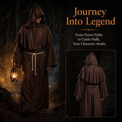 Medieval Monk Robe Costume with Hood and Waist Rope, Unisex Adult