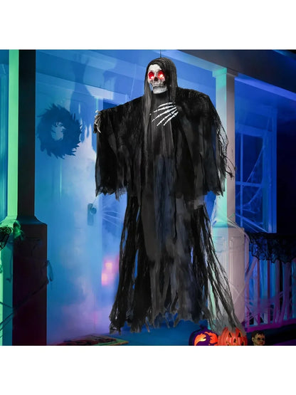 59 Inch Animated Hanging Grim Reaper Halloween Prop with Red Eyes