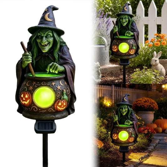 Solar Halloween Witch Cauldron Garden Light with Pumpkin, Resin