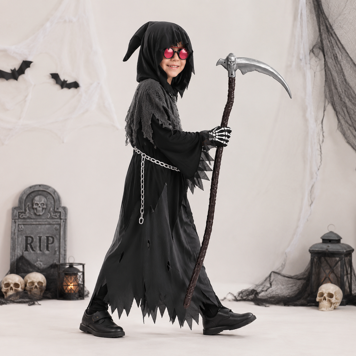 Annies-fashion – Spooky Costume Collection | Grim Reaper Hooded Robe Set with Glowing Eyes | Perfect for Halloween Fun