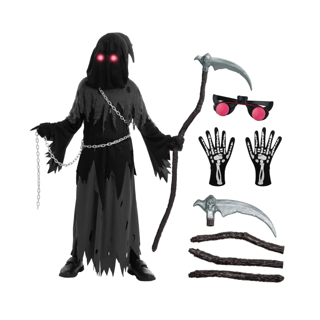 Annies-fashion – Spooky Costume Collection | Grim Reaper Hooded Robe Set with Glowing Eyes | Perfect for Halloween Fun
