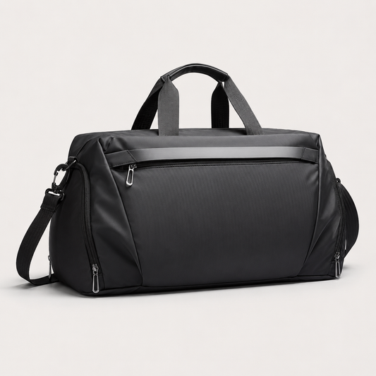 Gym Duffel Bag with Ventilated Shoe Compartment and Wet Dry Divider in Black or Gray