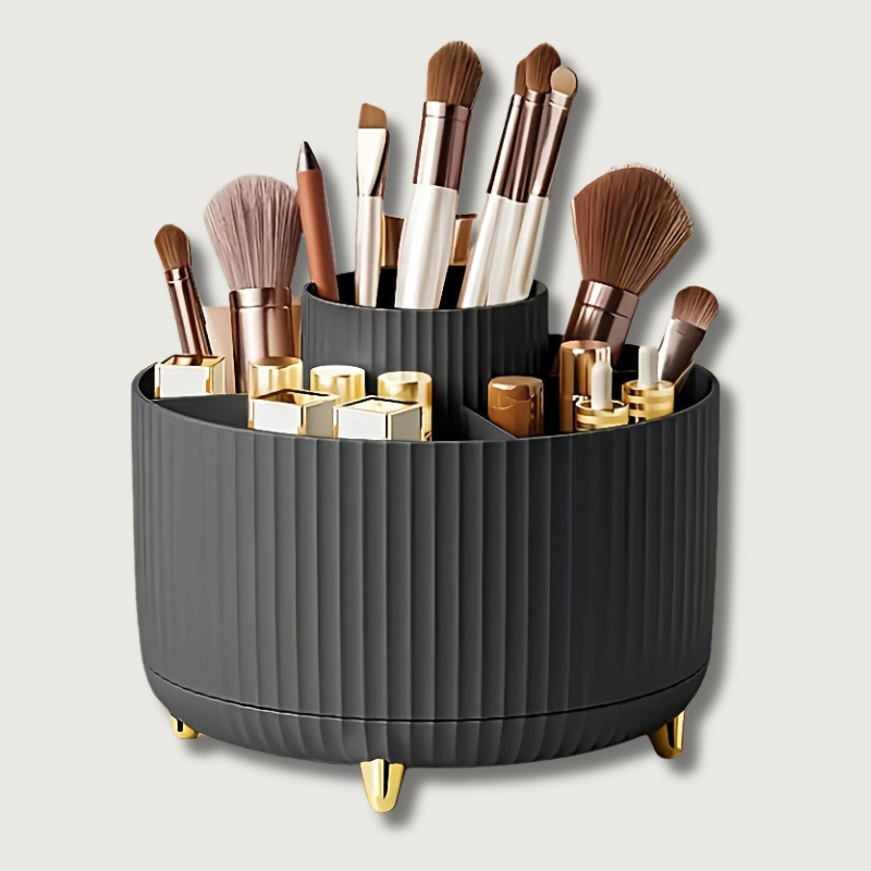 Modern Makeup Storage | Rotating Cosmetic Organizer with Gold Accents