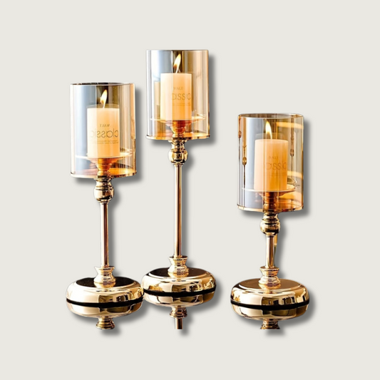 Luxury Candle Holders Set | Glass Cylinder Metal Base Design