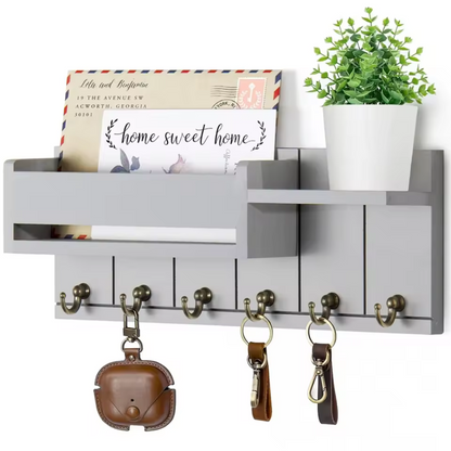 Rustic Wall Key Organizer | Solid Wood Mail Holder with Hooks