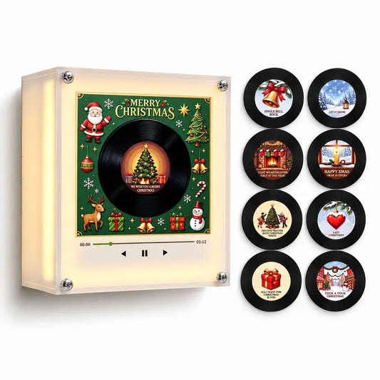 【Christmas Gift】Magnetic NFC Music Player with 9 Mini Vinyl Discs, Add Your Own Songs, Rotating Record Player with Light Effect, Unique Music Gift & Christmas Fridge Decor