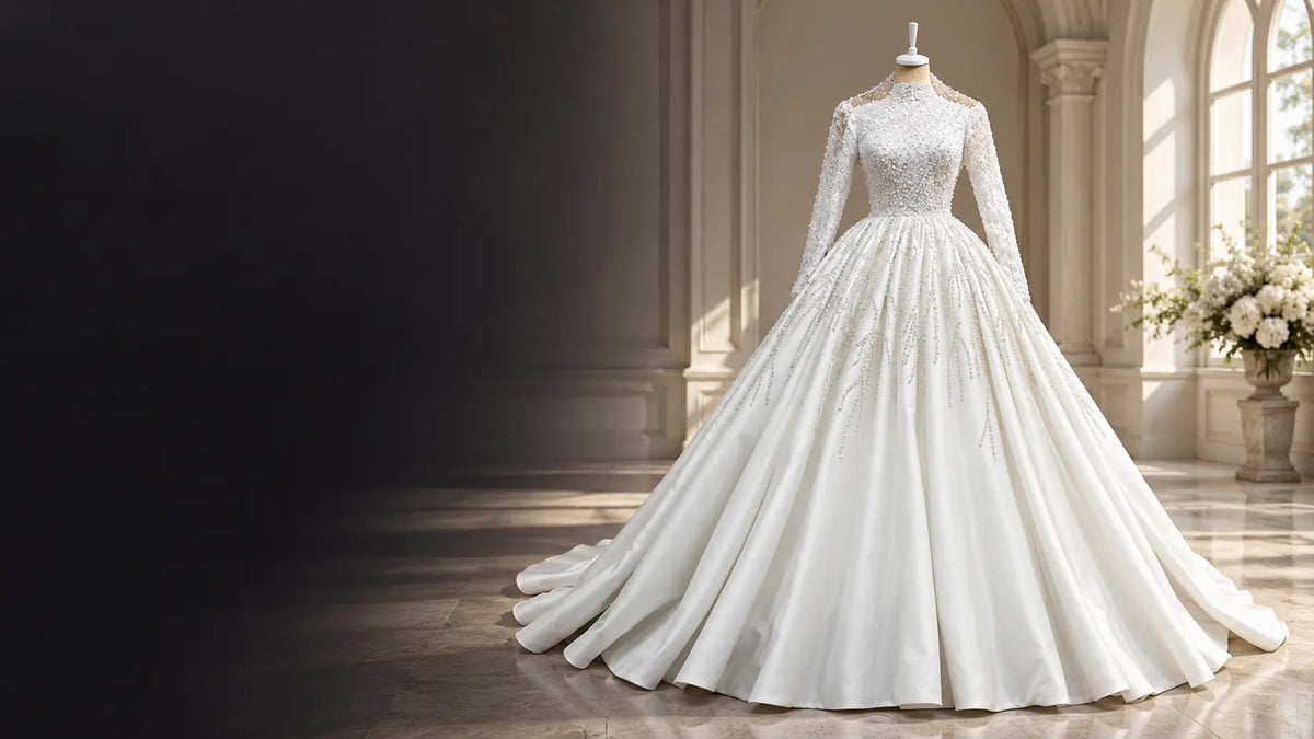 White long-sleeve bridal gown in an ivory room