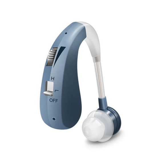 Rechargeable Behind the Ear Hearing Amplifier with Volume Controls and Multiple Ear Tips in Blue or Gold