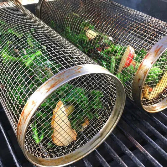 Annie’s Fashion Rolling Barbecue Grill Basket – Locking Latch & Rotating Design for Grilled Veggies & Meat