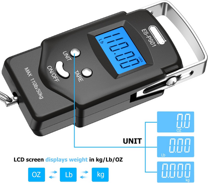 Portable Hanging Scale with Built-in Tape Measure and Blue Backlit Display, 110lb Capacity