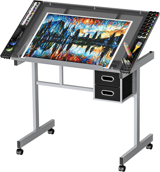 Annie’s Fashion Adjustable Drafting Table on Wheels – Glass Tabletop Drawing Desk with Storage Drawer