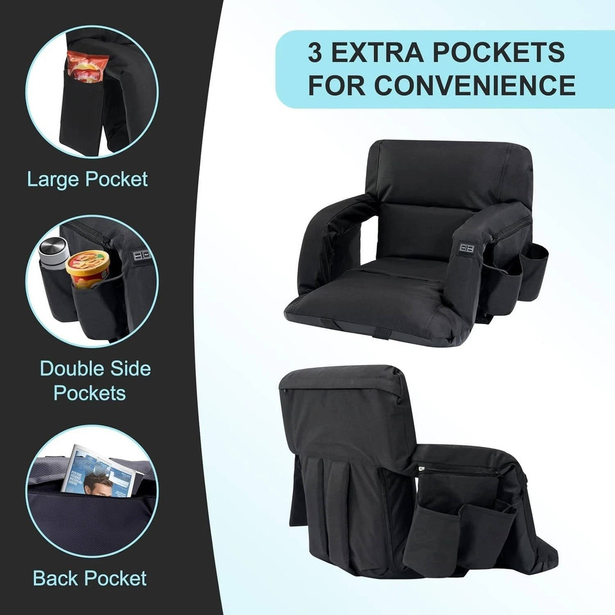 Annie’s Fashion Stadium Seat with Heat & Back Support – Portable Padded Bleacher Cushion Chair