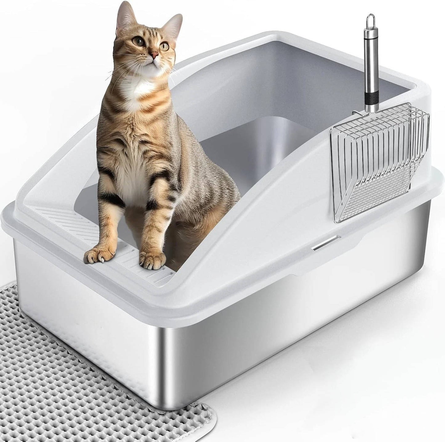 Annie’s Fashion Stainless Steel Cat Litter Box, L Enclosed With Lid, Metal Scoop, Mat Included