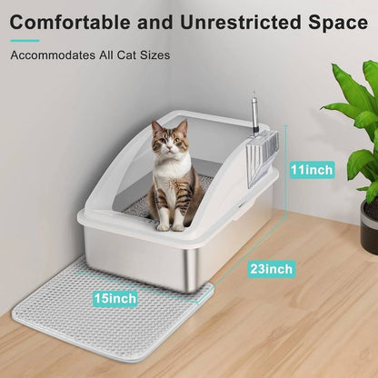 Annie’s Fashion Stainless Steel Cat Litter Box, L Enclosed With Lid, Metal Scoop, Mat Included
